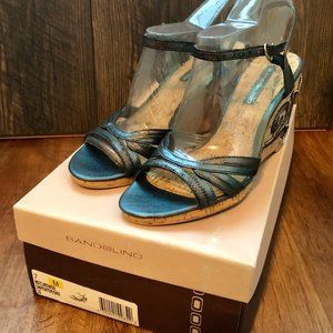 Bandolino size 7 metallic gray embroidered cork wedge dress sandals